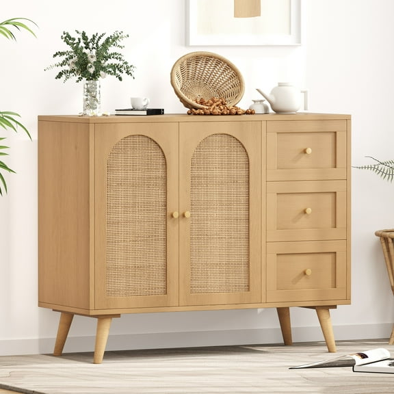 Rattan Storage Cabinet, Floor Cabinet with 2 Rattan Decorated Doors & Adjustable Shelves, Buffet Cabinet with 3 Drawers, Entryway Cabinet for Living Room, Dining Room,Hallway, Natural KBG005M
