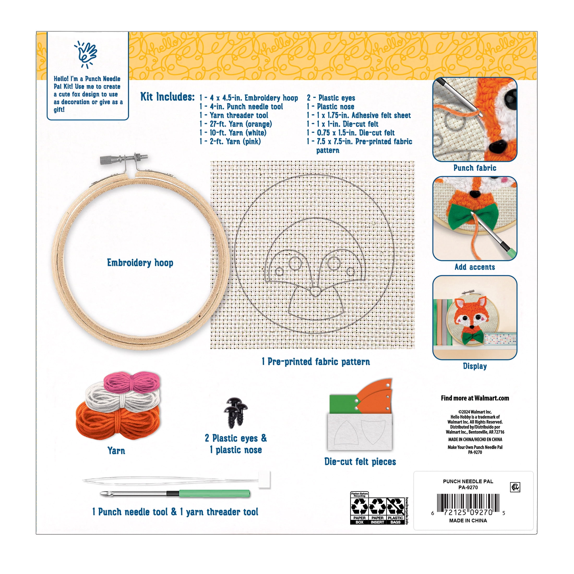 Hello Hobby Punch Needle Kit for Beginners & Kids, Cute Fox Embroidery Kit