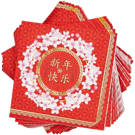 50 Pack Chinese New Year Napkins with Gold Foil, 5 x 5 inches, 3-Ply Red Disposable Paper Napkins for Party Favors, Tabletops, Celebrations, Spring Festival, Luncheons, Buffets, Decoration Supplies