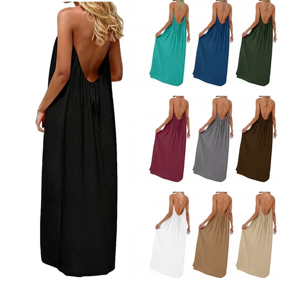 Long Dresses for Women Halter Backless Flowy Maxi Dresses Summer Casual Beach Dress Loose Comfort Fit Loungewear with Back Tie Black Dress,Size S-2XL