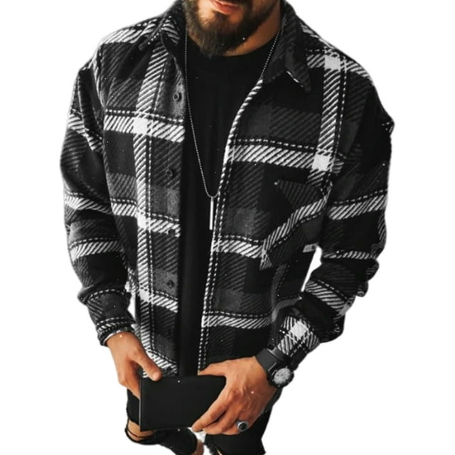 Chaqueta tipo camisa de franela a cuadros para hombre Camisa a cuadros de manga larga Tops casuales cómodos con botones