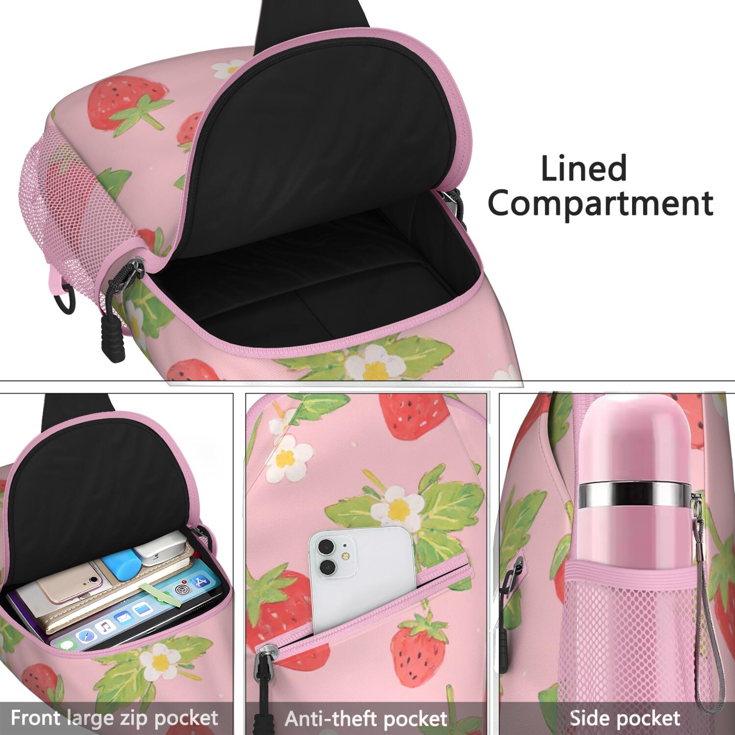 Strawberry Crossbody Sling Bag for Women Men Travel Bag Trendy Sling Backpack Chest Bag Travel Hiking Casual Sport Daypack