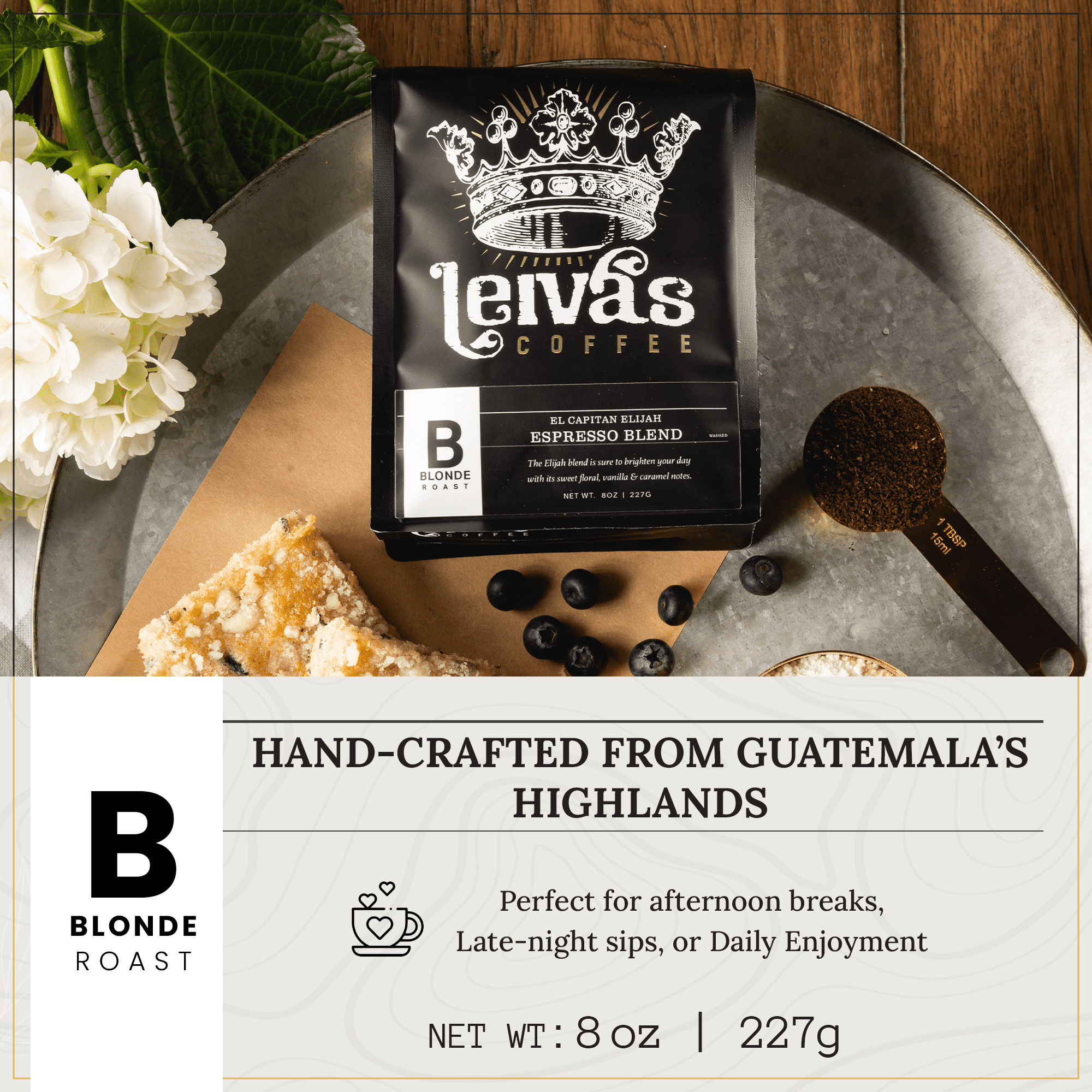 Leiva’s Whole Bean Blonde Espresso (8oz), Roasted to Order, Micro-Lot Guatemalan Beans – El Capitan Elijah Espresso Coffee Beans w/ Floral, Citrus & Caramel Notes - Low Acidity Blonde Roast ( 2 Pack)