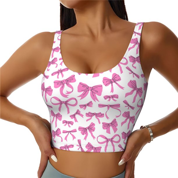 Fotbe Pink bows Sujetador Deportivo Largo sin Aros para Mujer con Almohadillas y Soporte Medio, Transpirable y Absorbente, Camiseta Tipo Chaleco o Tank Top-Medium