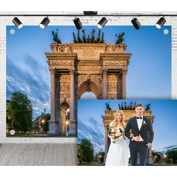 7x5ft City Scenery Wedding Photoshoot Backdrop Column Structure with Exquisite Carvings and Top Bronze Statues Ceremony Party Engagement Proposal Background Photography Studio Props