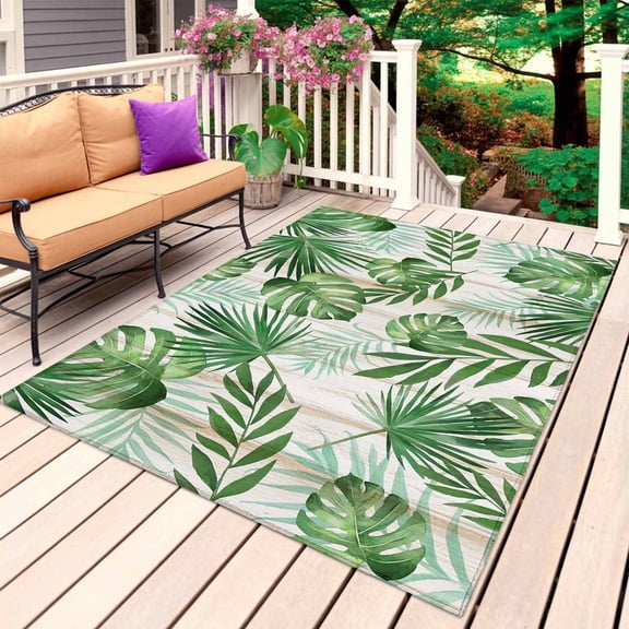 Summer Botanical Outdoor Rug 6x9 Ft, Non Slip Washable Area Rug, Green Monstera Palm Leaves Wood Beige Patio Rugs Carpet Runner, Large Floor Mat for Indoor/Outdoor Deck Porch Camping