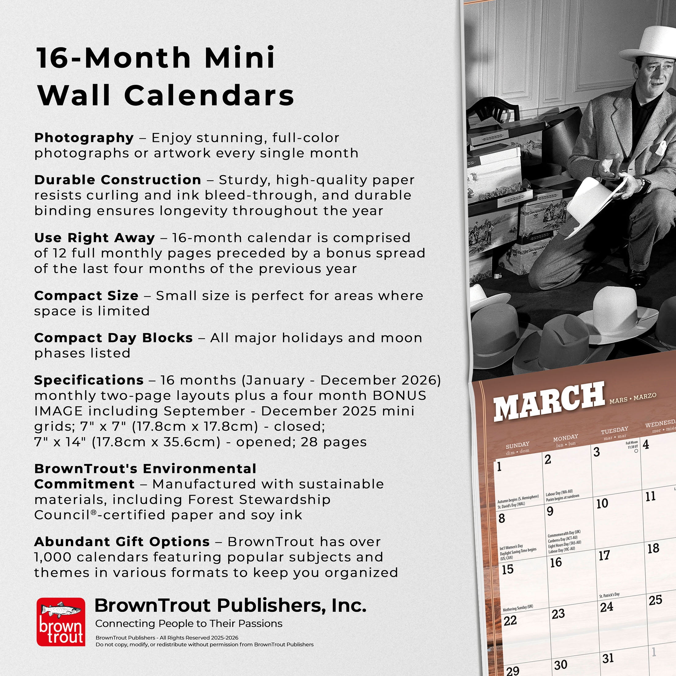 John Wayne OFFICIAL | 2026 7x14" (Hanging) Mini Wall Calendar | BrownTrout