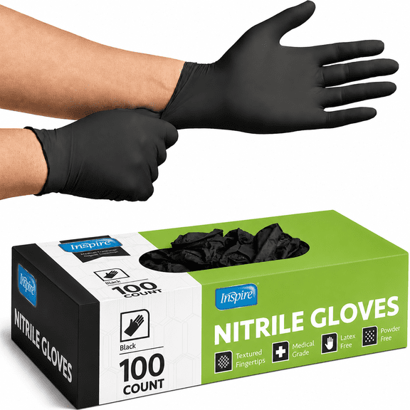Inspire Black Nitrile Disposable Gloves | 4.5 Nitrile Disposable Safety Medical Cooking Cleaning Disposable Black Gloves | Large, 100 Count