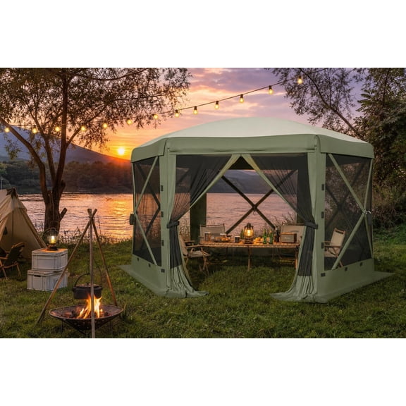 11.5x11.5 ft Gazebo with Convertible Roof, 6-Sided Portable Screen House with Mesh Top & Wind Cloths, Waterproof Hexagonal Canopy Tent for Camping, Backyard & Stargazing, UV Protection