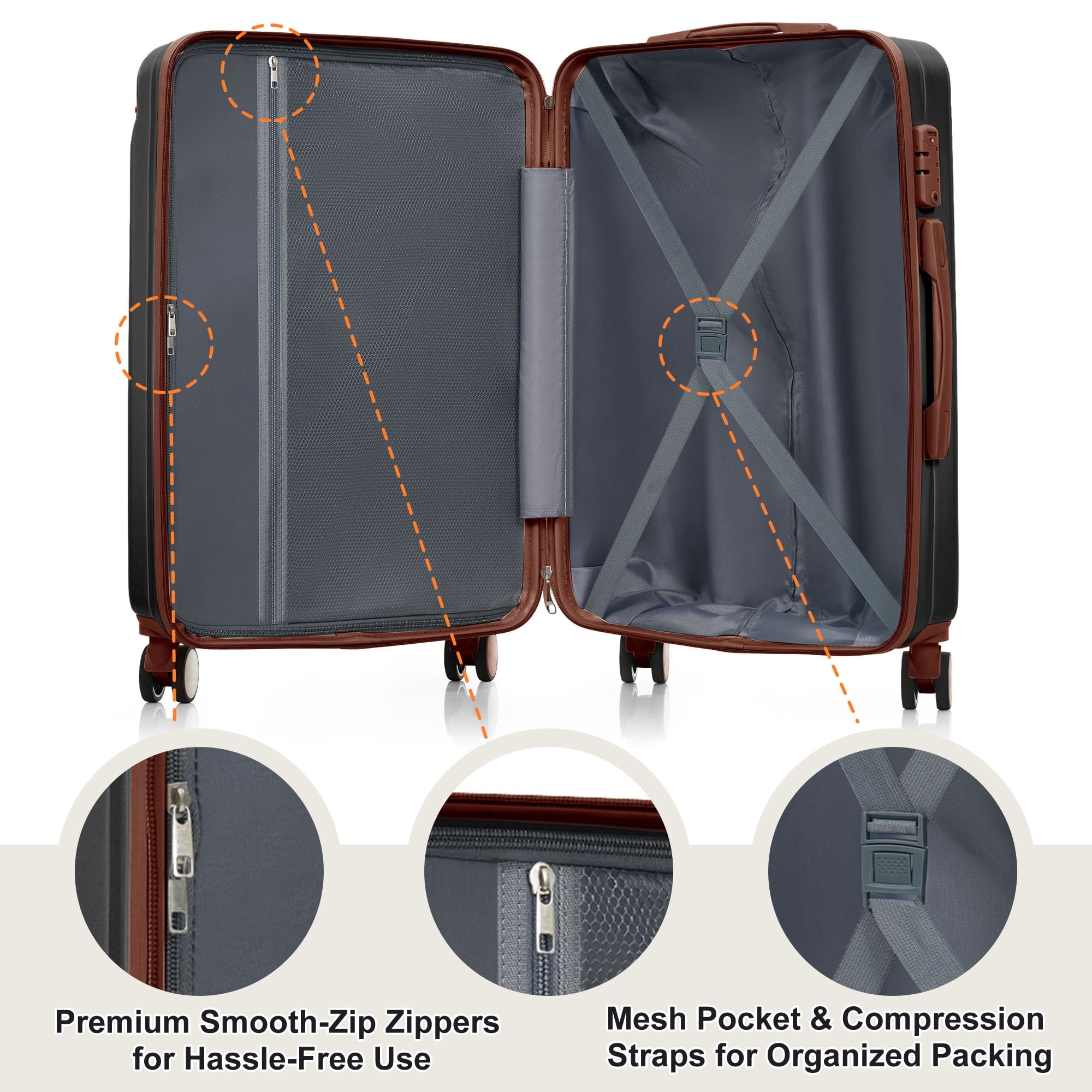Euroco 3 Piece Luggage Sets, Lightweight Durable Hardshell Suitcase set with 360° Spinner Wheels,TSA Lock & Side Hooks,Large Checked Travel Suitcase for Family,Black