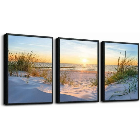 No frame Wall Art - Set Of 3 Piece Framed Art Prints For Living Room, Bedroom, Office Wall Decor - Blue Beach Seascape Paintings Home Decor