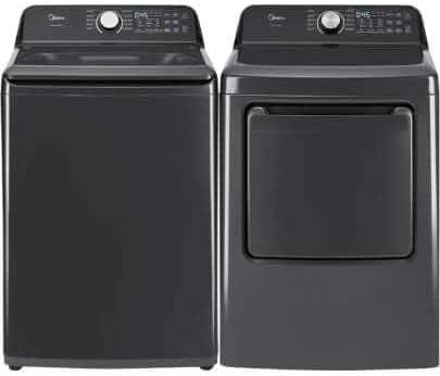Midea MLTW44A4BGK1 Black Smart Laundry Pair 4.4 Cu Ft Top Load Washer and 7 Cu Ft Electric Dryer Bundle 10 Cycles 4 Te