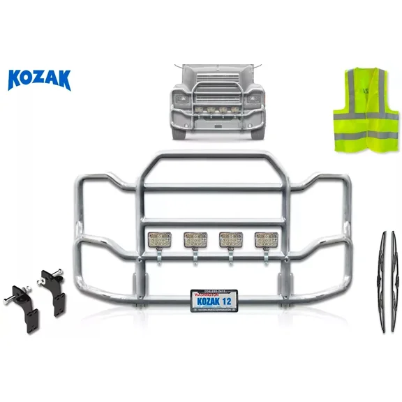 Kozak Large Grille Deer Guard, Bracket, Lights Compatible with Mack CH Set-Back 2004 