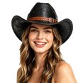 thumbnail image 3 of Unisex Leather Cowboy Hat Cattleman Western Style Wide Brim Rodeo Ranch Hat with Buckle Band, Textured Western Hat Country Festival Part, 3 of 5