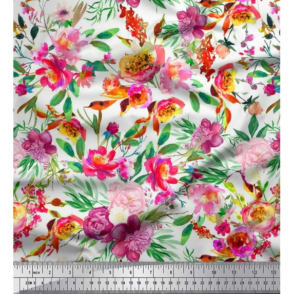 Soimoi White Cotton Jersey Fabric Leaves & Pink Floral Watercolor Decor Fabric Printed BTY 58 Inch Wide