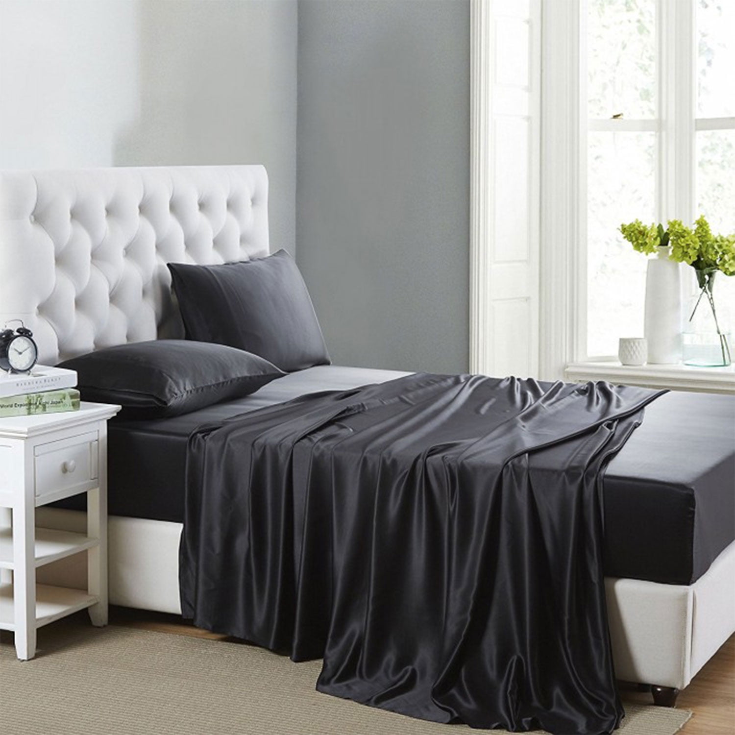 SATIN SHEETS FULL Size Soft Silk Feel Bedding 4 piece Set Luxury Bed Linen Black 