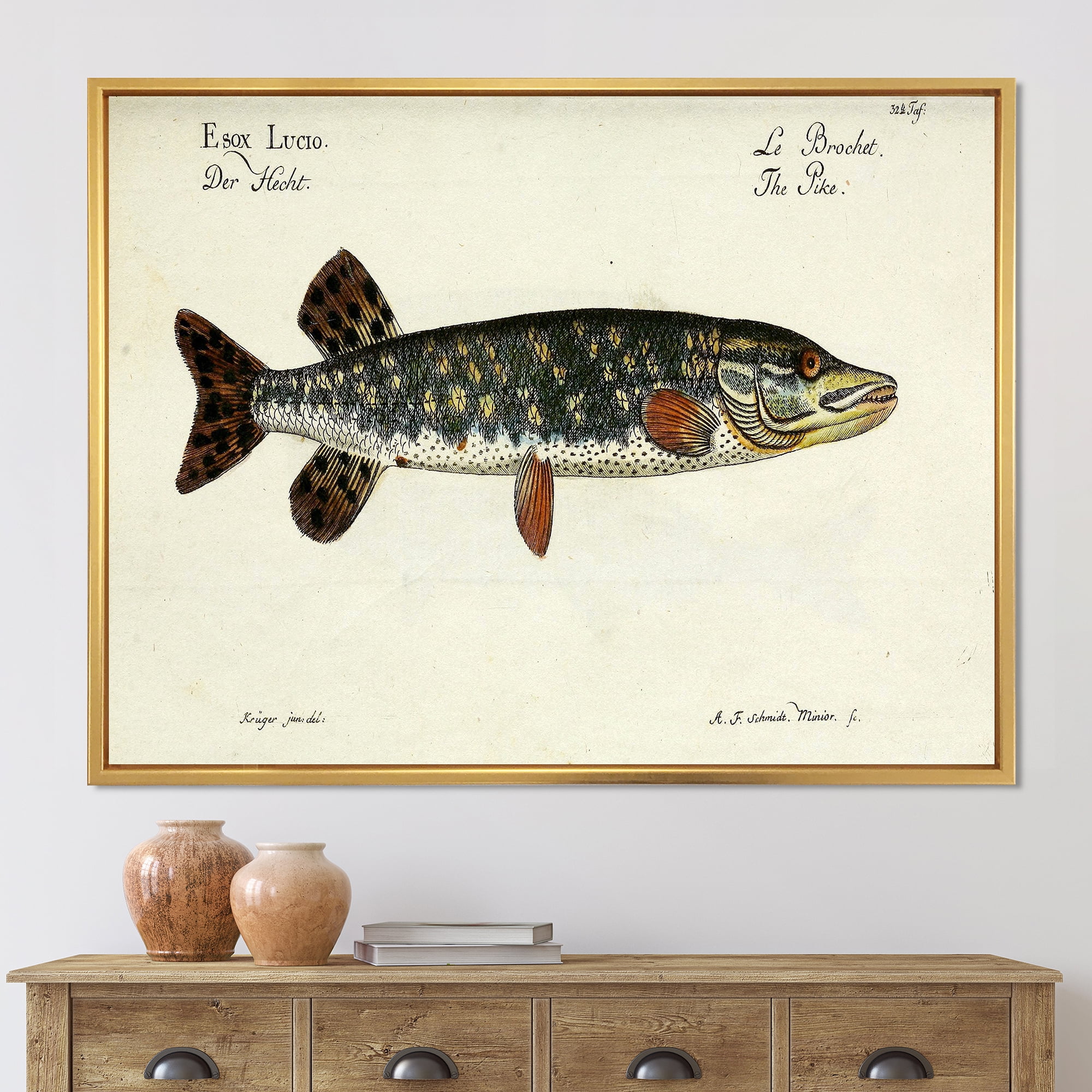 Portrait Of A Green Fish On Beige 40 in x 30 in Framed Painting Canvas Art Print, by Designart