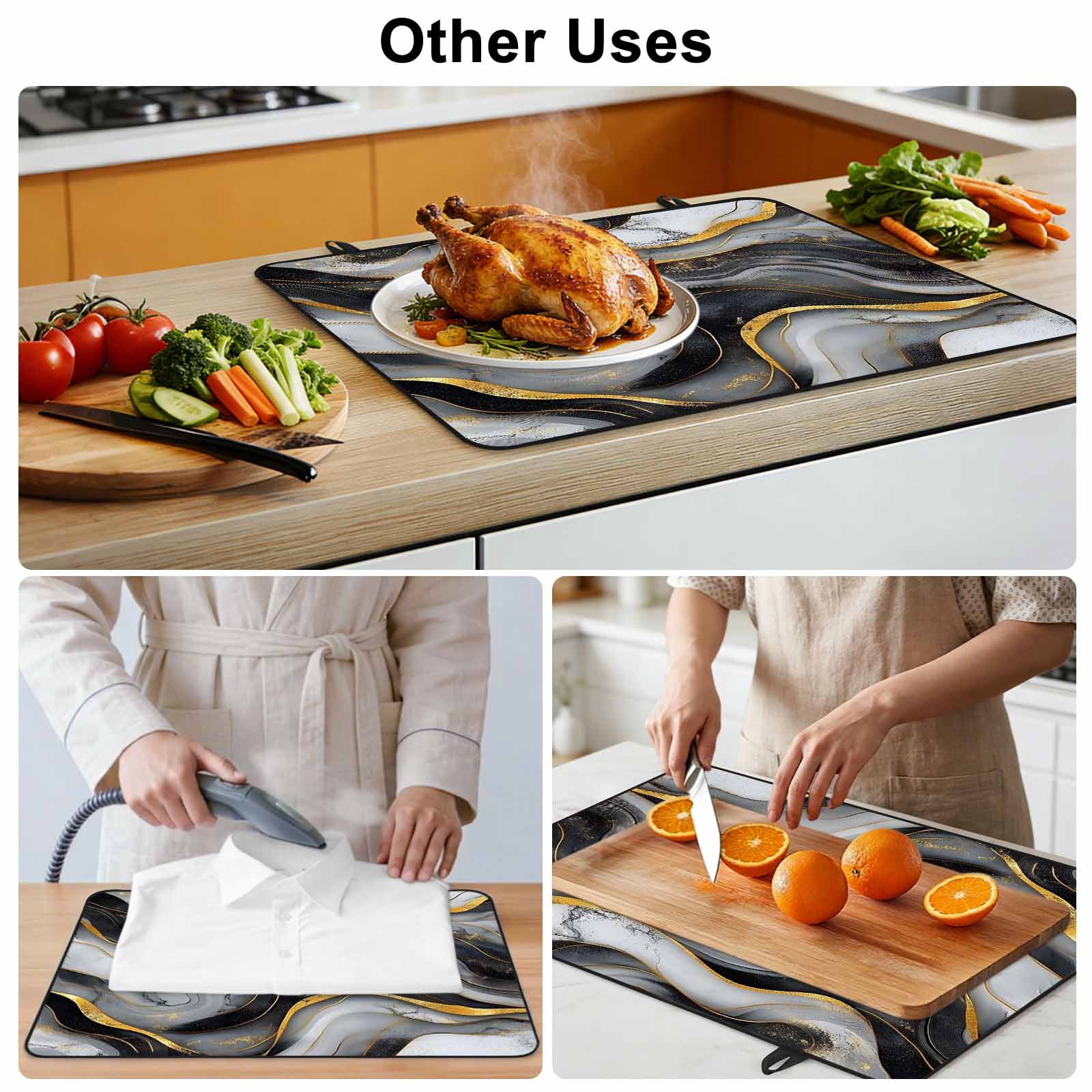Marble Black Grey Stove Top Cover for Electric Stove, Heat-proof & Non Slip Glass Top Stove Cover Protector, Modern Fake Stone Gold Foil Wavy Kitchen Flat Cooktop Rubber Mat 24x21 Inches