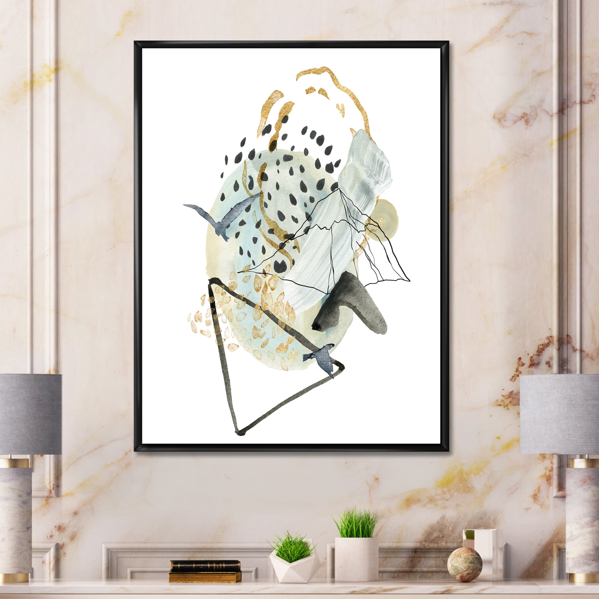 Designart 'Mountain Bird With Gouache Of Abstract Landscape' Modern Framed Canvas Wall Art Print