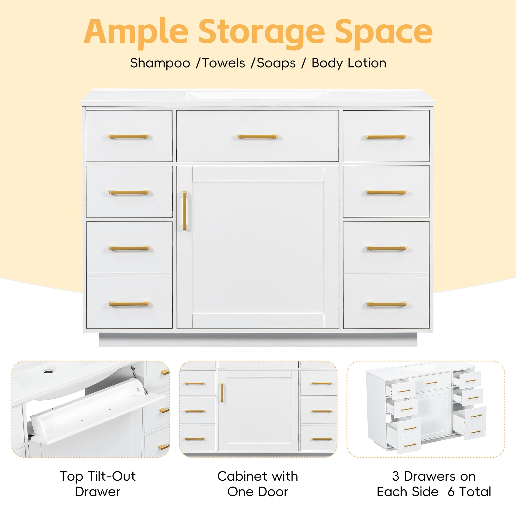 48" Bathroom Vanity without Sink, Cabinet Base Only, Bathroom Cabinet with 6 Pull-Out Drawers, 1 Tip-Out Drawer and 1 Door, Soft-close Hinges, Smooth Painted Finish, Sturdy Construction, White