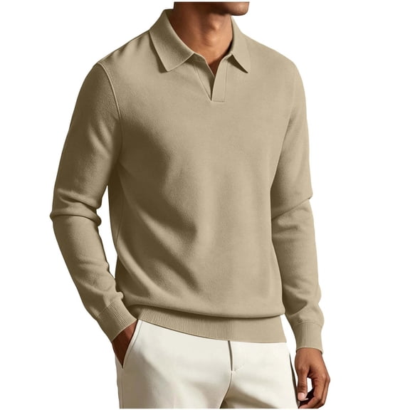 Kaemgyyd Mens Long Sleeve Shirts V Neck Casual Golf Shirt Fall Fashion Collared Pullover Soft Comfy Clothes(Khaki,X-Large)