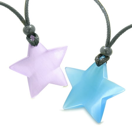 Super Star Amulets Love Couple Best Friends Purple Sky Blue Simulated Cats Eye Crystal Pendant