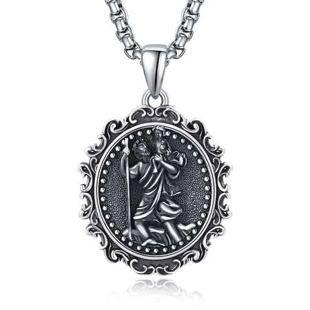 925 Sterling Silver Vintage Ornate St Christopher Medal Necklace for Men, Patron Saint of Travel Protection Amulet Pendant, Catholic Confirmation Religious Jewelry Gift for Travelers Dad