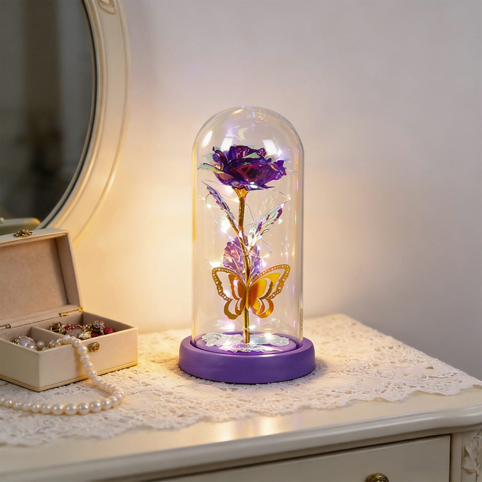 LED Preserved Rose in Glass Dome with Lights - Eternal Rose Gift for Women, Valentine's Day, Christmas, Birthday, Anniversary - Romantic Home Decor & Luxury Preserved Flower Arrangement