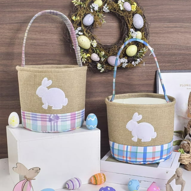 Uso a largo plazo y diseño adorable: hecha de lino y tela de uso a largo plazo, esta canasta de Pascua presenta bordes a cuadros rosados o azules y lindas calcomanías de conejo blanco.