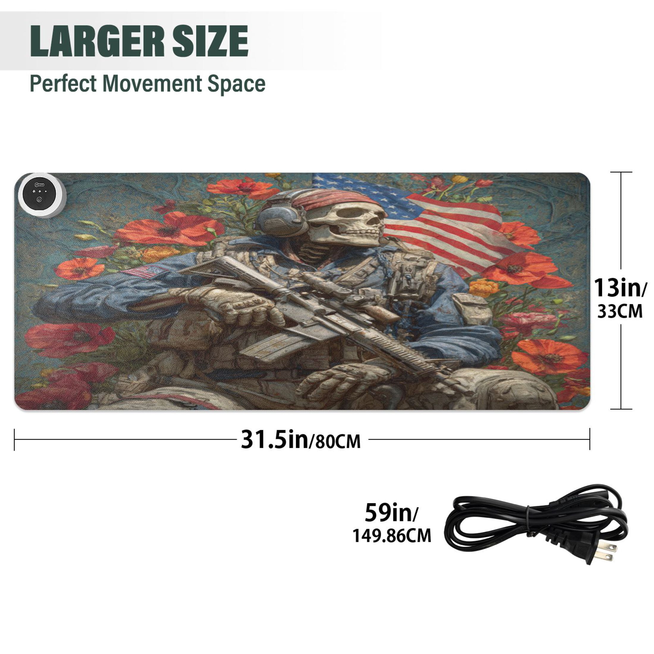 Large Heated Desk Mat Mouse Pad 31.5"x13"PU Leather Graphene Heating Desk Warmer with 3 Temperature Settings 110V US Plug Non-Slip Warm Pad for Home, Office, and Gaming Soldier Skull and Flowers