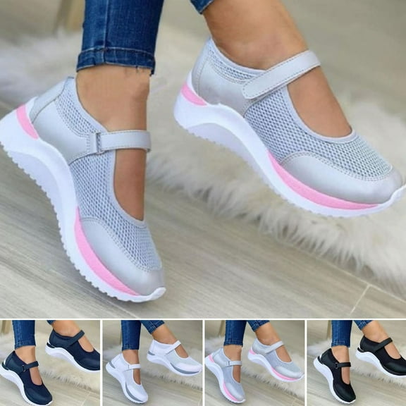 sunsanly 1 Pair Casual Shoes Flat-bottom Non Slip Fastener Tape Thick Platform Plus Size Walking Breathable Mesh Wedge Sports Shoes Women Accessory