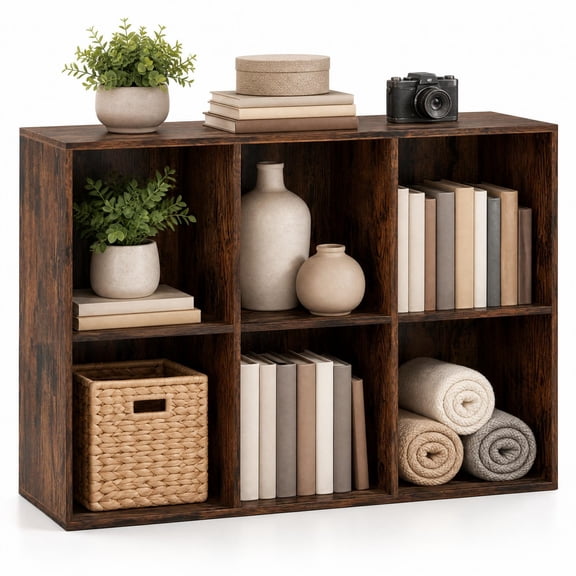 Patiojoy 6-Cube Bookshelf 3-Tier Wooden Storage Organizer Modern Freestanding Bookcase w/ Anti-tip Kits Rustic Brown