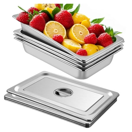 Steam Table Pans 4 Pack, 20.9 x 12.8 x 3.9 Inch Full Size 13.6 Gallon Deep Food Pans, Stainless Steel Hotel Pans with Lids, Oven Trays for Catering