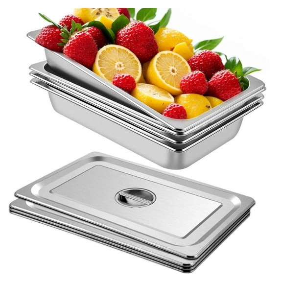 Steam Table Pans 4 Pack, 20.9 x 12.8 x 3.9 Inch Full Size 13.6 Gallon Deep Food Pans, Stainless Steel Hotel Pans with Lids, Oven Trays for Catering
