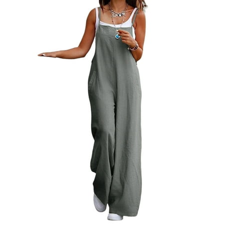 

Julycc Plus Size S-5XL Women Cotton Linen Wide Leg Jumpsuit Casual Overalls Pants