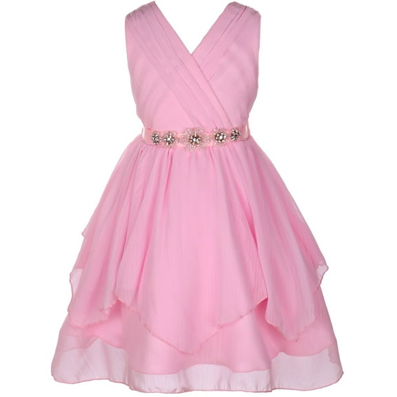Little Girl Classy V Neck Chiffon Ruched Rhinestone Belt Easter Graduation Flower Girl Dress Pink 2
