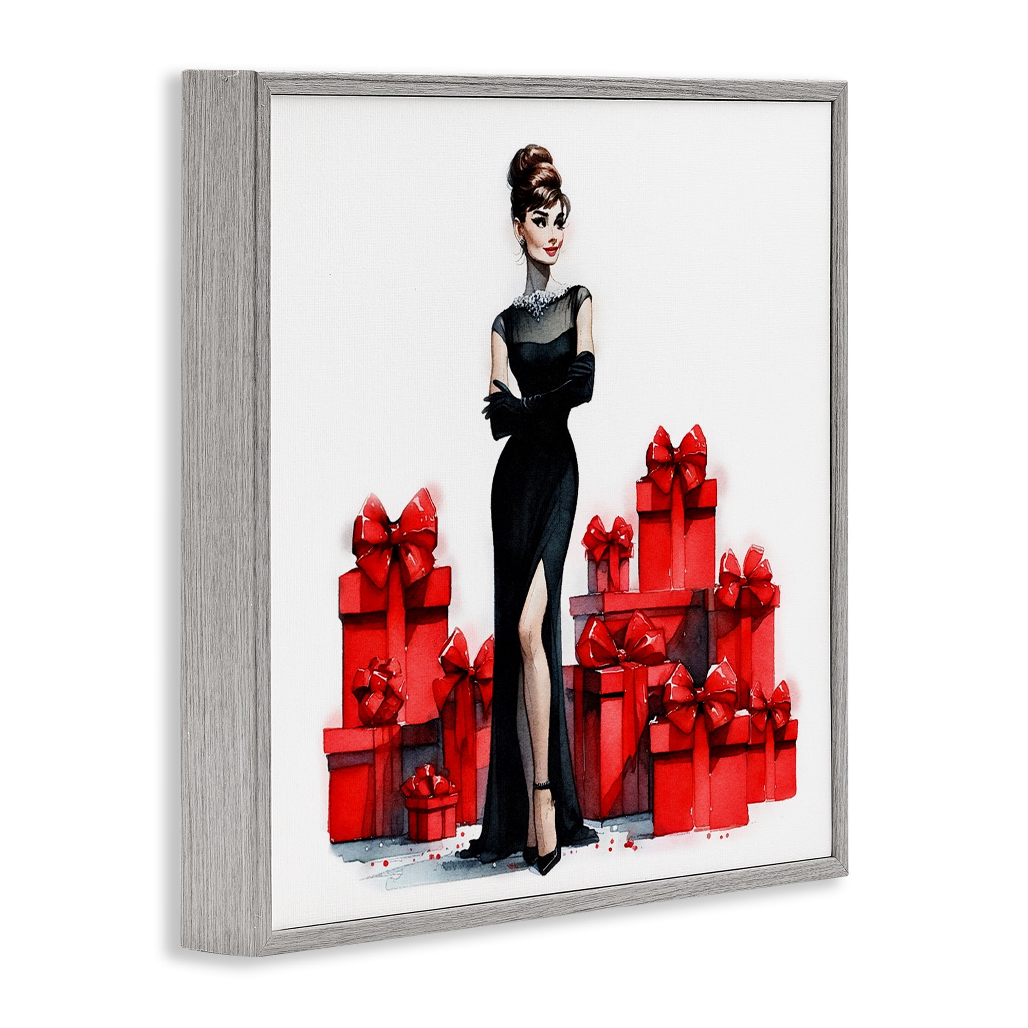 Stupell Industries Elegant Woman & Gifts Holiday Painting Gray Framed Art Prints Wall Art, 12 x 12