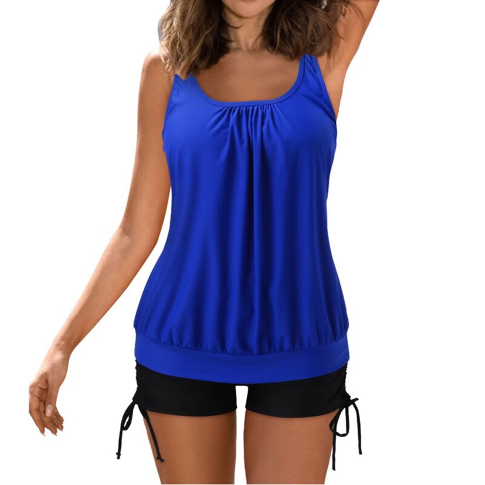 Jsaierl Women's 2 Piece Tankini Swimsuits Blouson Swim Tops Summer Print Swimwear Conservative Vacation Tankini Tops with Swim Shorts Tankini Bathing Suits Plus Size