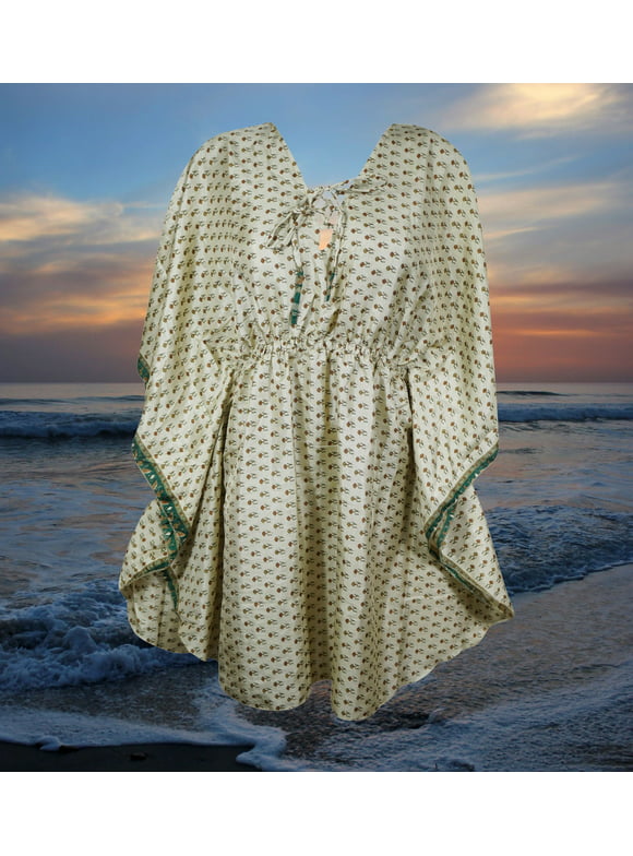 Mogul Womens Beach Caftan Dress, Beige Green Printed Kaftan M-XL