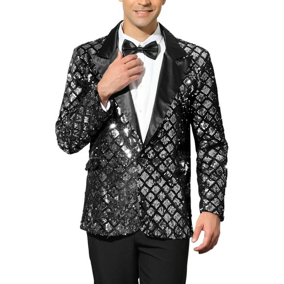 BLAZERS DE HOMBRE INSPIRE CHIC CON SOLAPA PICO Y UN BOTÓN, BRILLO ARGYLE Y LENTEJUELAS, TALLA XL, PLATA