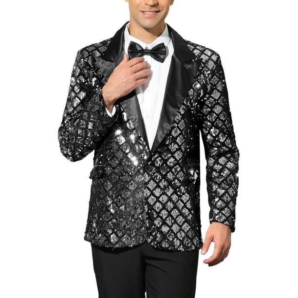BLAZERS DE HOMBRE INSPIRE CHIC CON SOLAPA PICO Y UN BOTÓN, BRILLO ARGYLE Y LENTEJUELAS, TALLA XL, PLATA