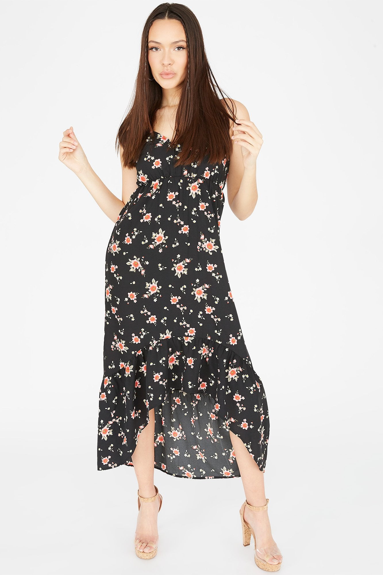 Urban Women's Black Floral VNeck Ruffle Cami HighLow Maxi