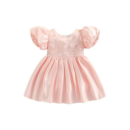 

LSFYSZD Kids Princess Dress Floral Embroidery Round Neck Short Puff Sleeve One-Piece for Summer 6 Months-5 Years
