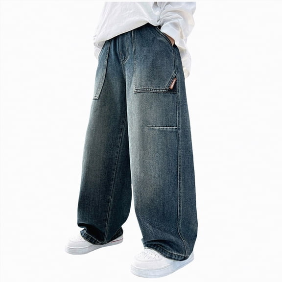 NOLDARES Boys Baggy Jeans, Wide Leg Elastic Waist Denim Pants Loose Fit Trousers Vintage Streetwear(Blue,11-12 Years)