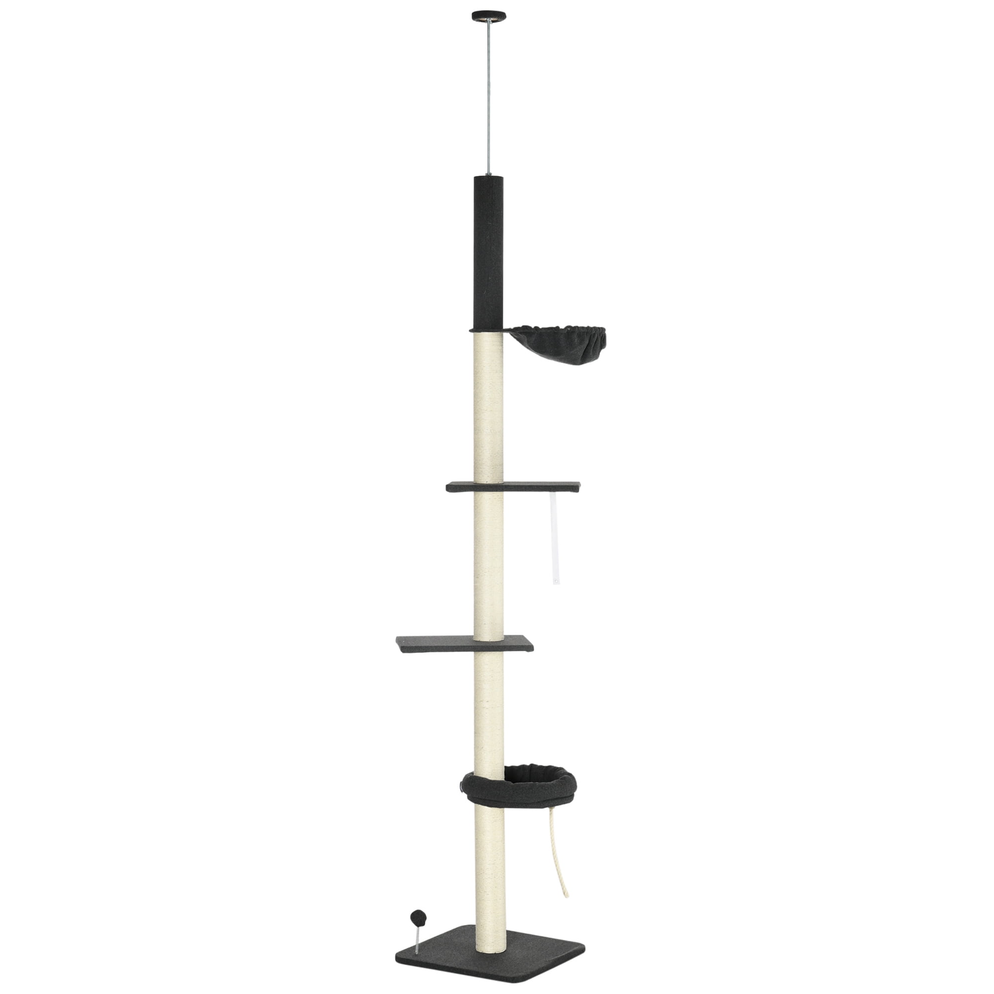 PawHut Floor To Ceiling Cat Tree, 5-Tier Cat Climbing Tower, 95''-106'' Height Adjustable with Carpeted Platforms, Cozy Bed, Hammock, Scratching Post & Toy Ball for Indoor Cats, Black and Cream