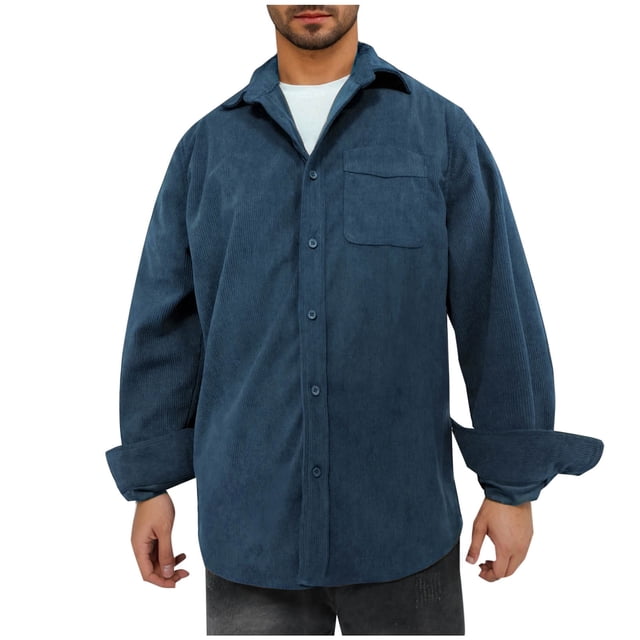 LNWUY Corduroy Shirts for Men Spring Autumn Long Sleeve Button Down Casual Ribbed Shacket Slim Fit Lightweight Jacket Blue L