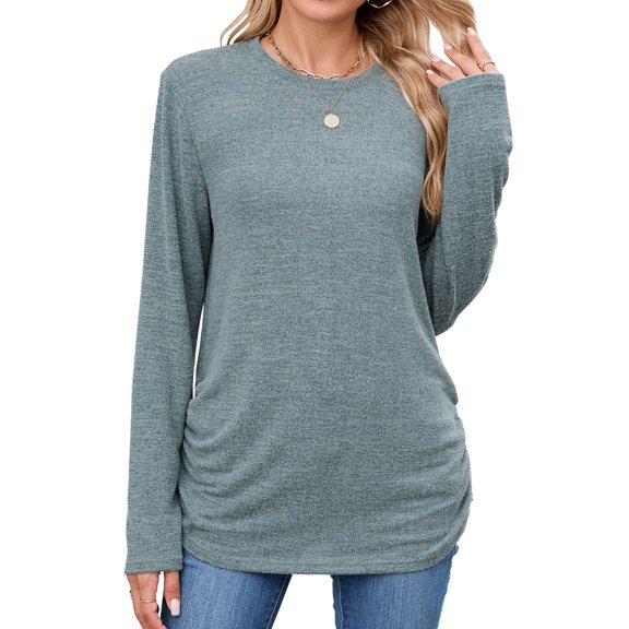 Oplxuo Long Sleeve Shirts for Women Cotton Crew Neck Oversized Basic Fall Fashion Tops Business Casual Solid Color Blouses