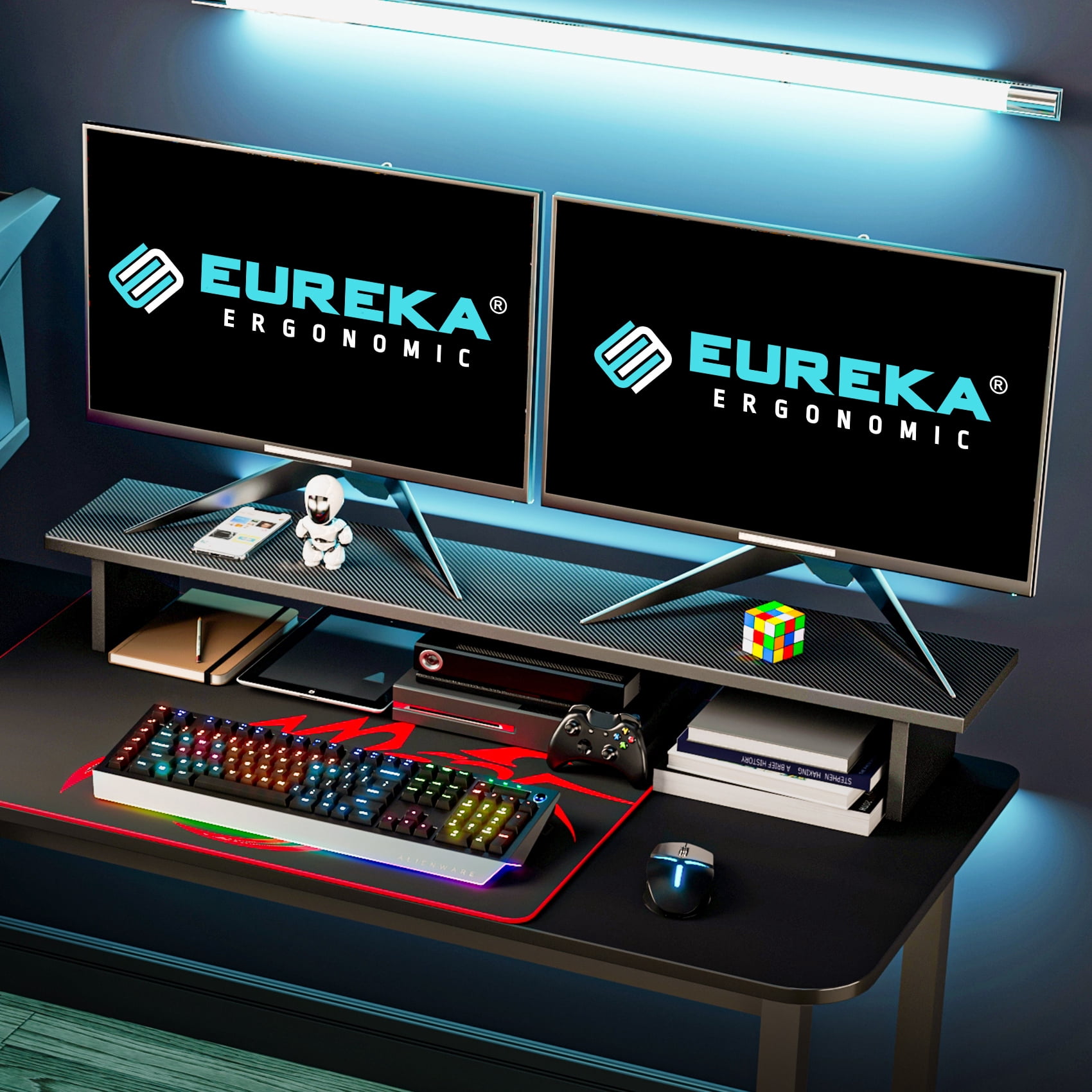 EUREKA ERGONOMIC Dual Monitor Stand - Adjustable Legs, Dual Monitor Riser, Carbon Fiber Computer Monitor Stand, Desktop Organizer, Monitor Stand Riser for PC, Computer, Laptop (Black)