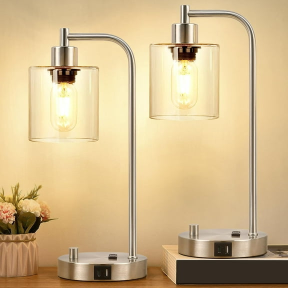 Set of 2 Industrial Table Lamps with USB C A Ports and Outlet, Brushed Nickle Fully Stepless Dimmable Bedside Lamps, Nightstand Lamp with Clear Glass Shade for Bedroom Living Room 2 LED Bulb Included