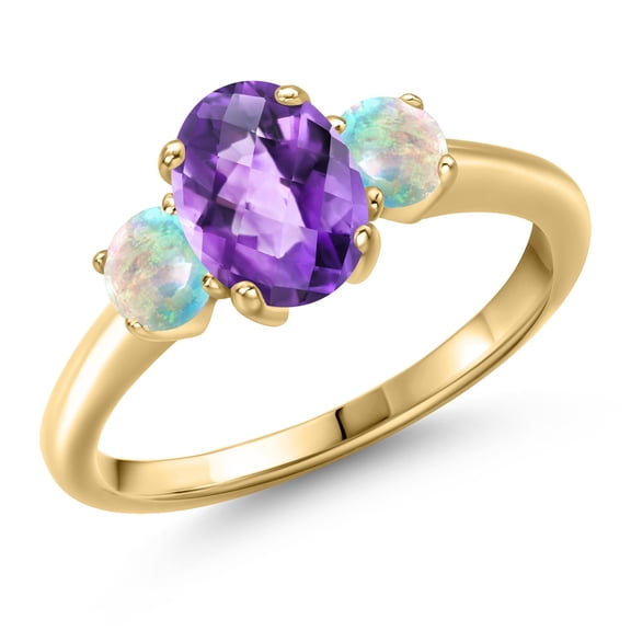 Gem Stone King 10K Yellow Gold Purple Amethyst and Simulated White Opal Engagement Ring for Women | 1.70 Cttw | Oval Checkerboard 8X6MM | Gemstone February Birthstone | Size 8